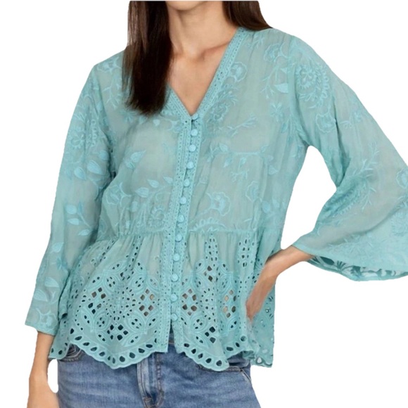 Johnny Was Tops - Jhonny Was Light Teal Embroidered V-Neck Blouse